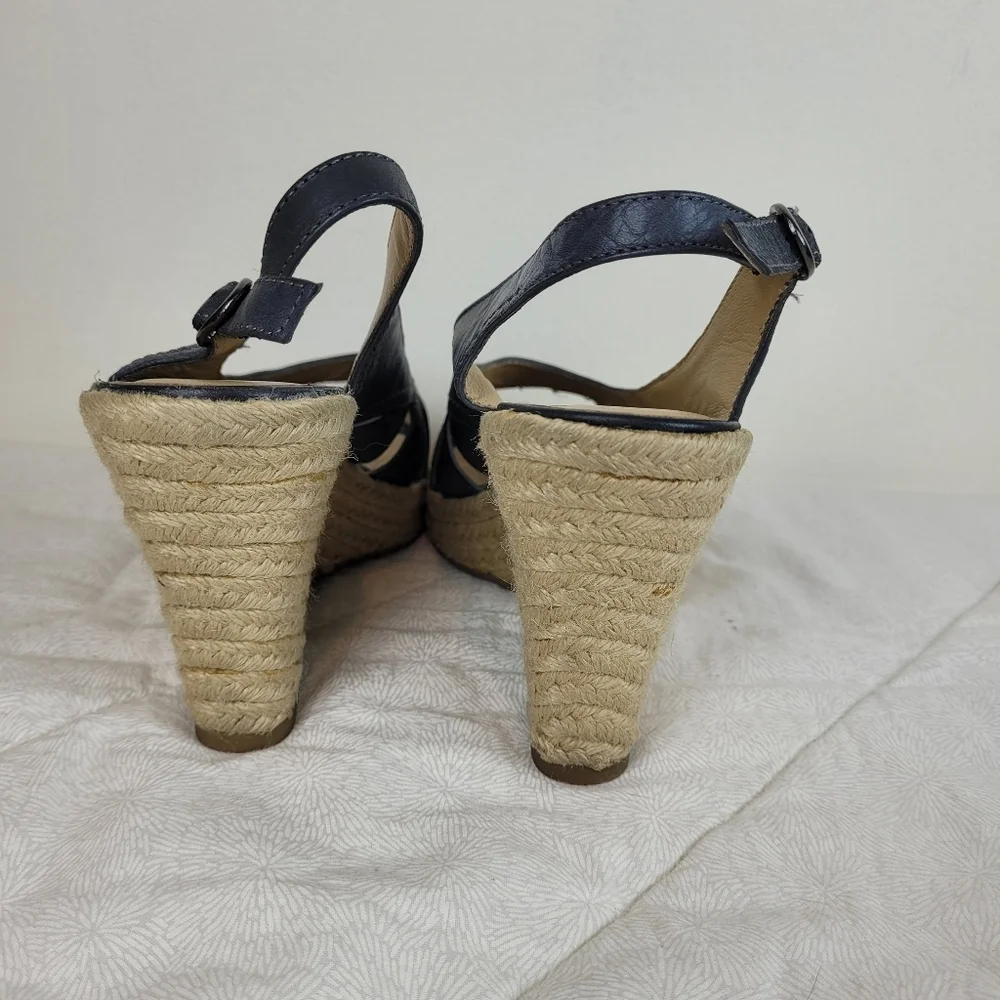 Franco Fortini denim blue leather sandals peep toe woven wedge beach boho chic 9